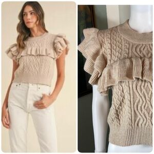 Mable Beige Cable Knit Ruffled Knit Sweater Short Sleeve Top Blouse Medium M